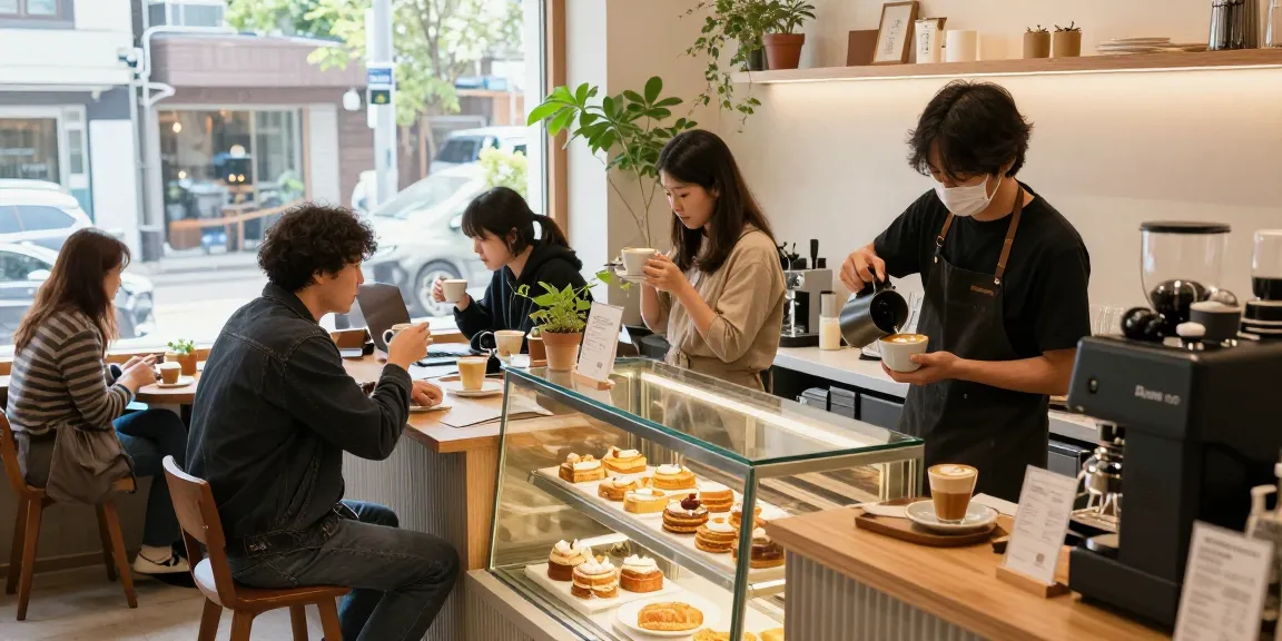 Enjoying coffee at 상봉동 한국관 café with pastries and barista.
