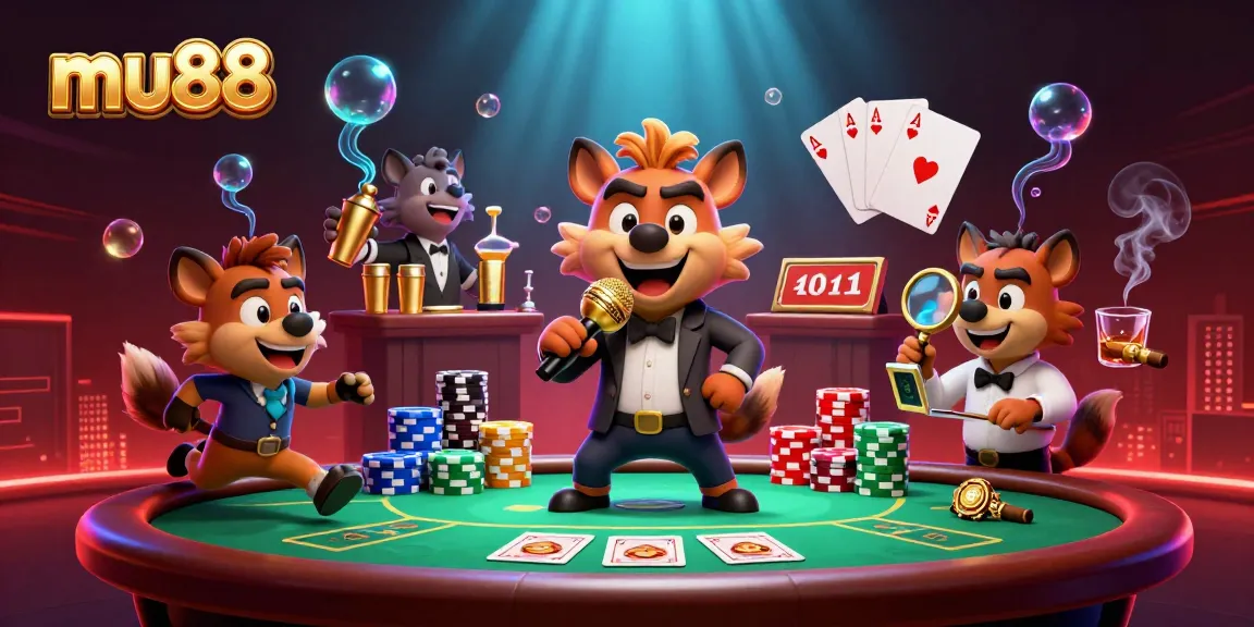 mu88 showcases a lively casino scene with hyena characters entertaining as players at a poker table.