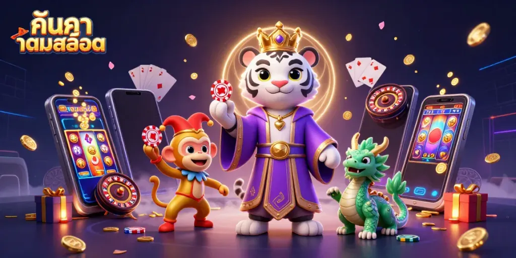 Engage with the excitement of ค้นหาเกมสล็อต through this dynamic scene featuring a royal tiger, playful monkey, and jade dragon.