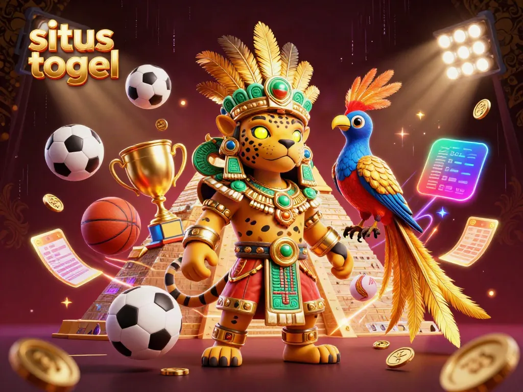 Engage with situs togel in this vibrant 3D illustration showcasing dynamic sports betting elements and Mayan motifs.