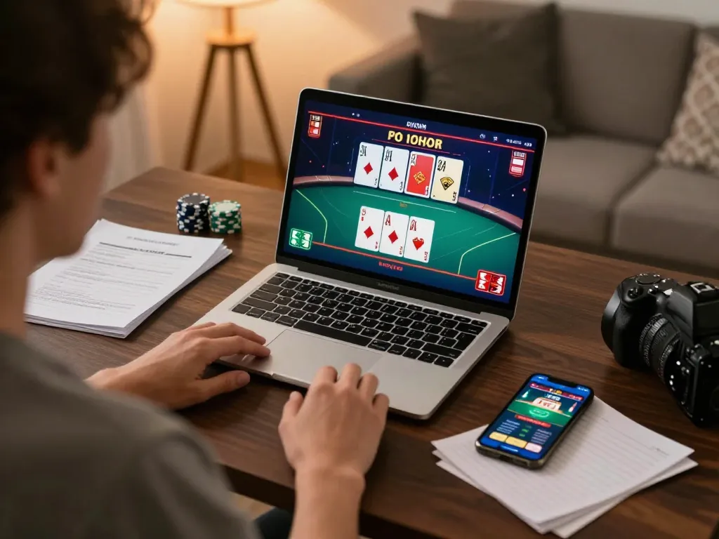 nhà cái 388bet player engaging in online poker game at home