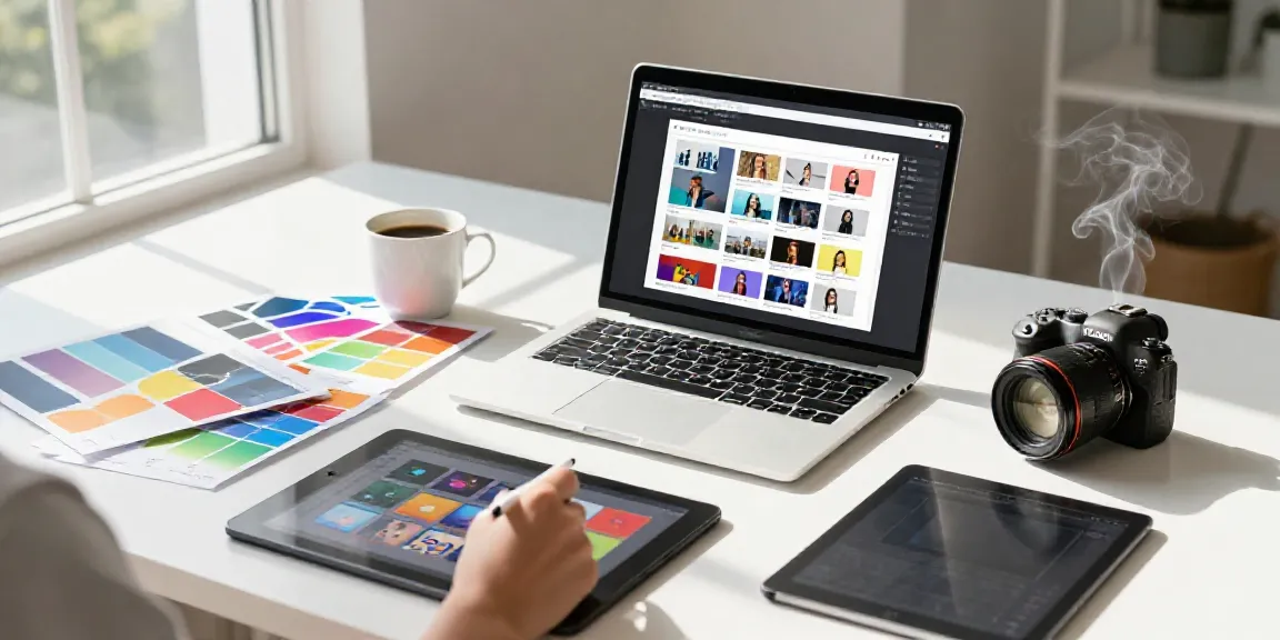 How to use an AI thumbnail generator in a bright creative workspace with vibrant design elements.