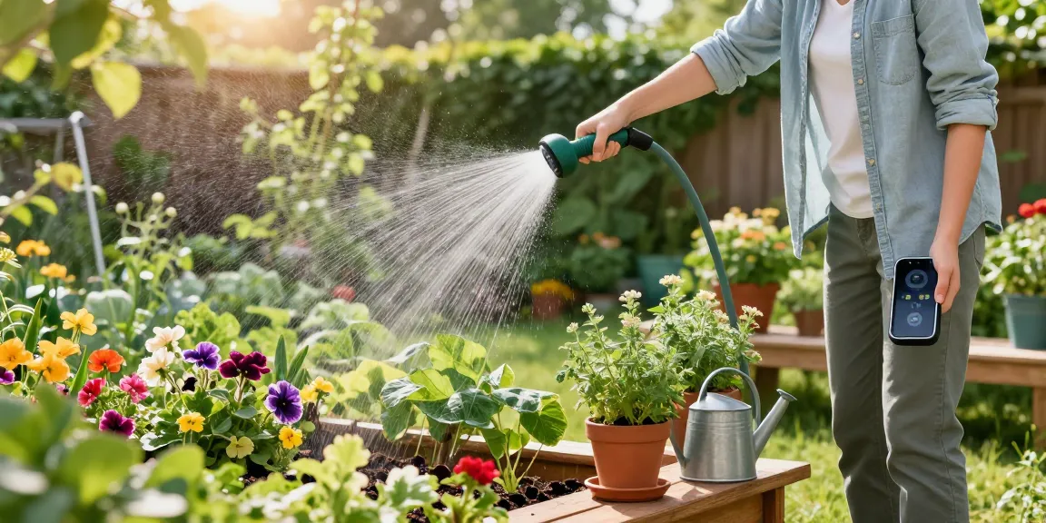 Using a rainpoint sprinkler timer in a flourishing garden, showcasing modern gardening convenience and vibrant plant life.