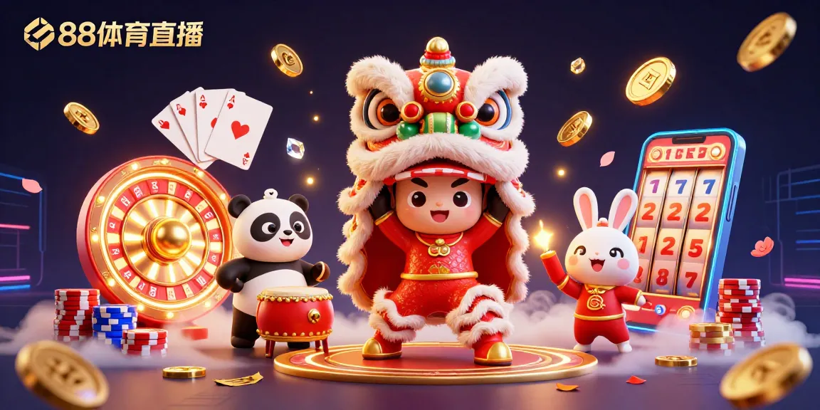 Engage with 88体育直播 featuring dynamic lion dance amidst sparkling gems and gold coins, embodying the thrill of betting.