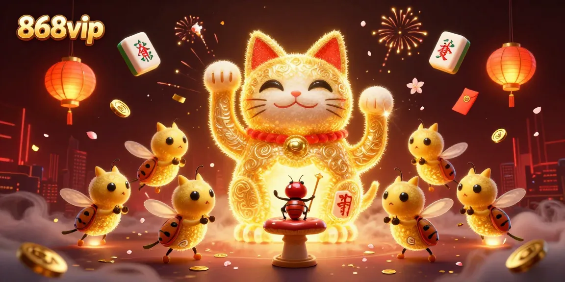 Experience the charm of 868vip as golden fireflies form a lucky cat amidst vibrant casino elements.