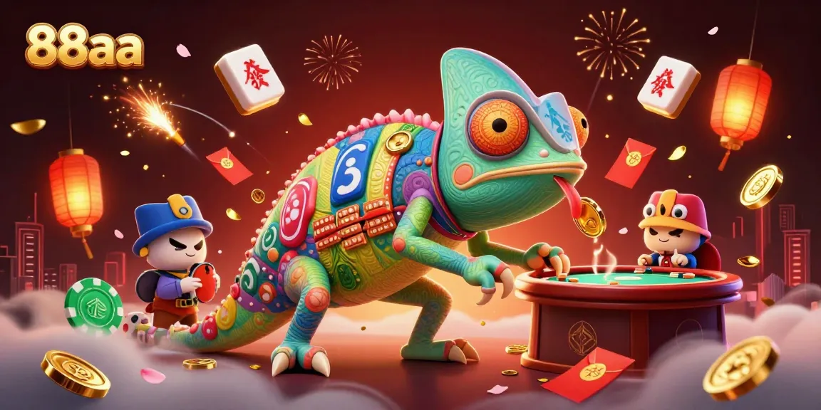 Engage with the vibrant world of 88aa as a chameleon casino owner captures coins and game excitement.