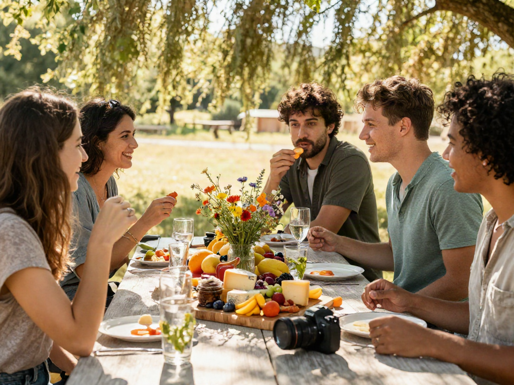 Enjoying Camino edibles at an outdoor picnic with friends displaying colorful gourmet treats and fresh fruits.