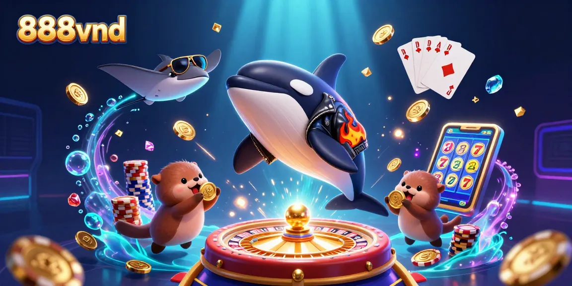 Experience thrilling gaming with 888vnd as the animated orca and friends celebrate winning coins.
