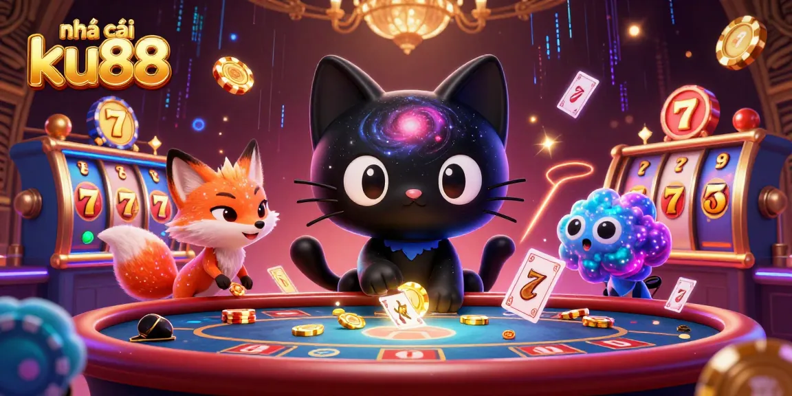 Experience the thrill at nhà cái ku88 with an exciting 3D casino illustration featuring a black hole cat.