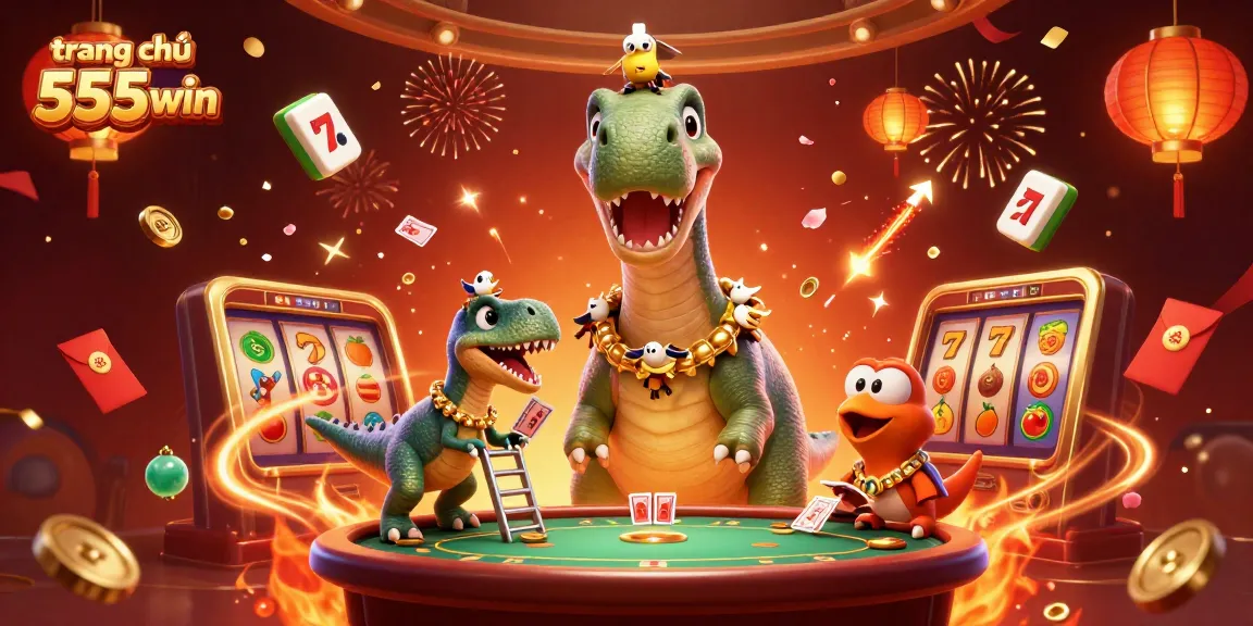Experience the excitement of gaming at trang chủ 555win with a vibrant 3D illustration of a lively casino scene.