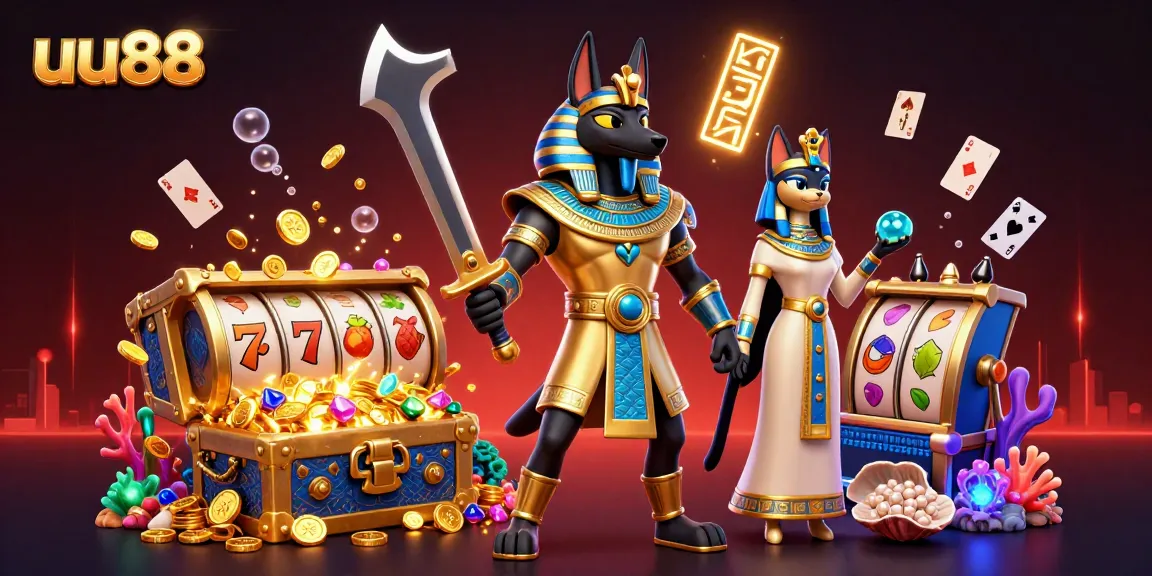 Spin the reels of uu88 with ancient Egyptian warriors and treasure in a vibrant casino scene.