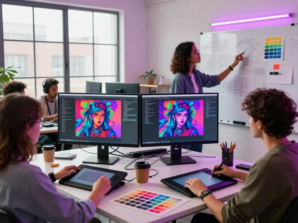Dynamic NSFW AI content creation scene showcasing a diverse creative team collaborating on provocative digital art in a vibrant workspace.