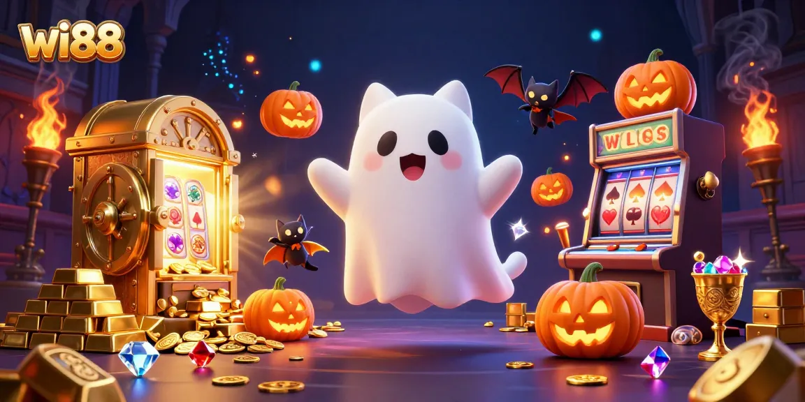 Win big at wi88 with friendly ghost cat and gambling treasures illuminating the haunted scene.