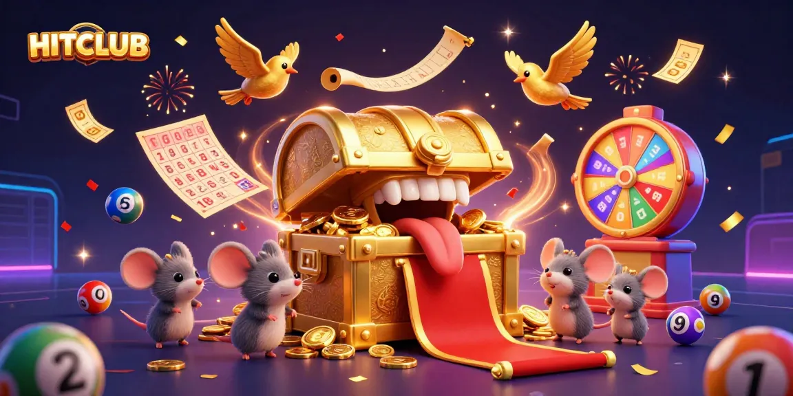 HITCLUB offers exciting gambling games with a golden treasure chest and vibrant prizes in this dynamic 3D illustration.