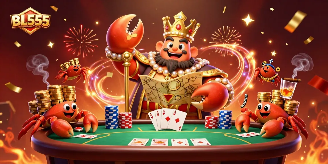 Engaging BL555 gaming scene featuring a golden crab emperor overseeing poker chips and cards.