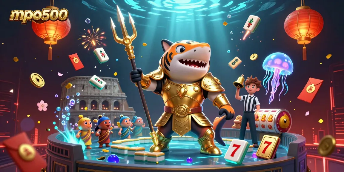 Engage in thrilling gameplay at mpo500 with a dynamic underwater casino scene featuring a fierce tiger shark.