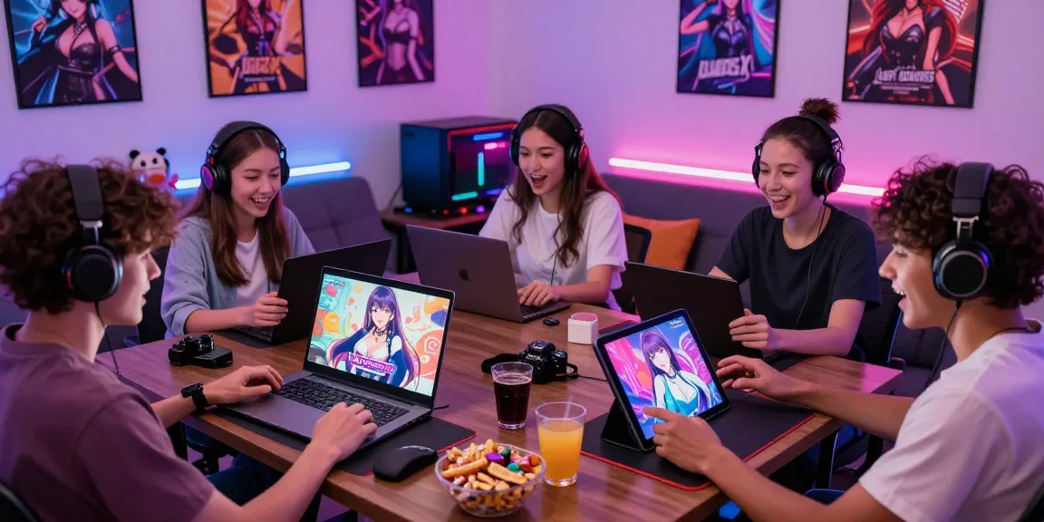 Excited gamers enjoying hentai games on different devices in a vibrant room.