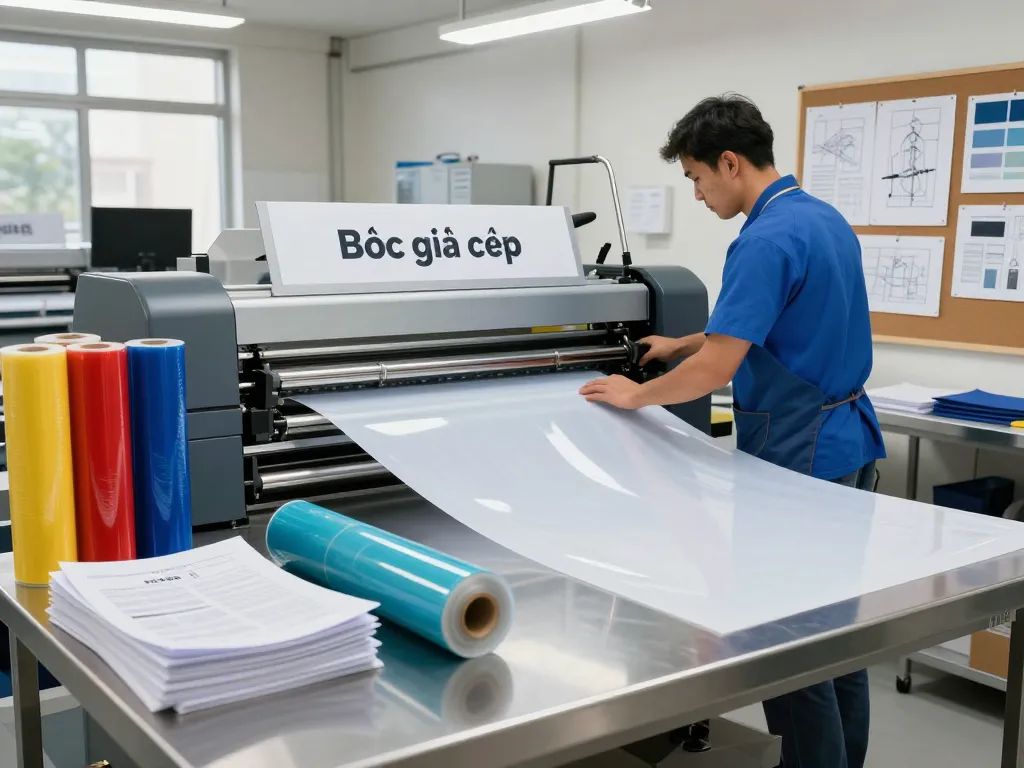 Bóc giấy ép plastic tại hà nội: Skilled technician laminating documents with vibrant plastic film in a modern workshop.
