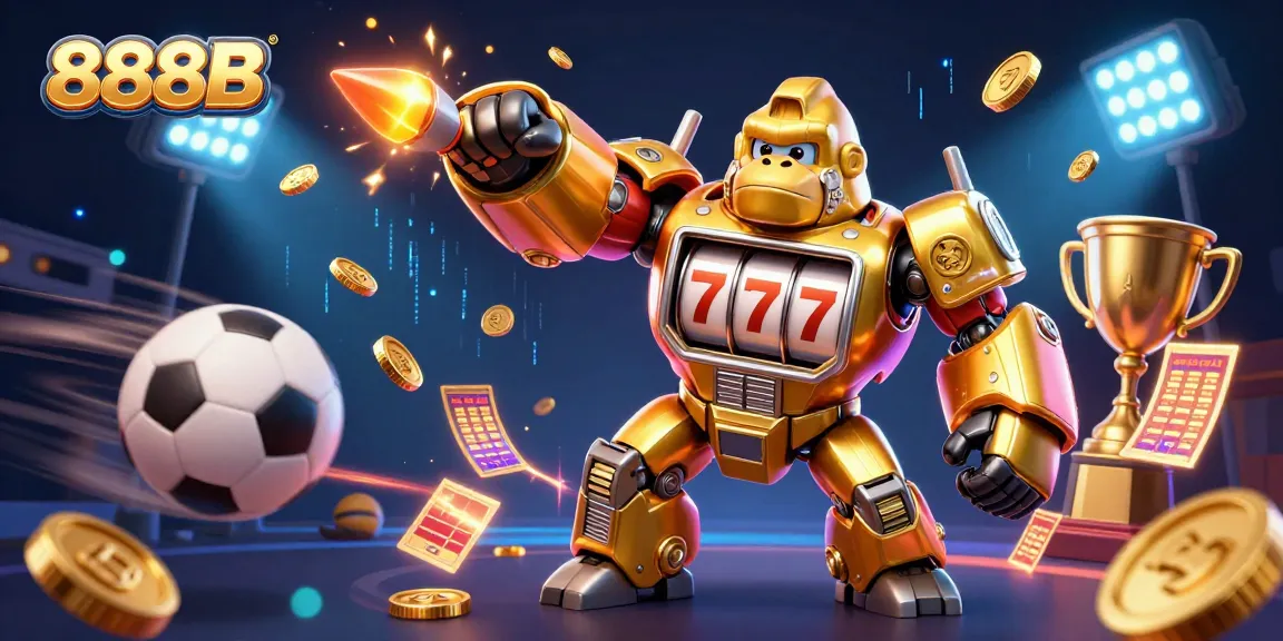 Join the excitement at 888B with a dynamic scene featuring a golden gorilla mech and sports elements.