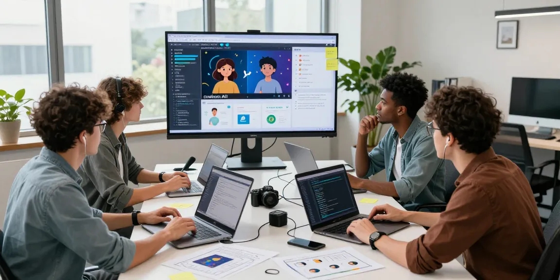 Collaborative AI project meeting showcasing crushon ai technology in a modern office.