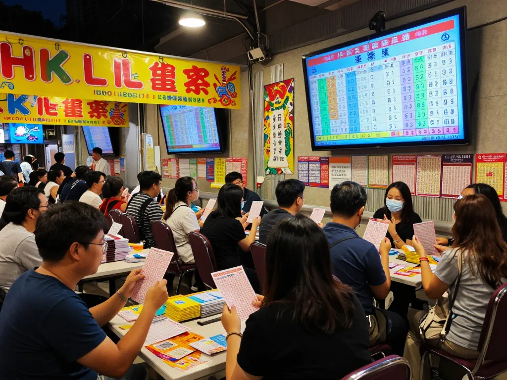 HK Lotto results displayed live in a vibrant lottery venue filled with eager spectators checking their tickets.