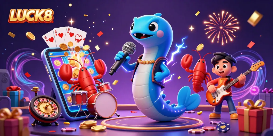 LUCK8 celebrates vibrant casino action with electric eel DJ, lobster drummer, and seahorse guitarist, amidst rich gaming elements.