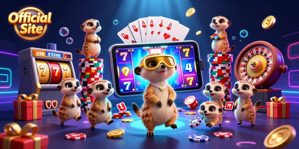 Join the excitement at the Official Site with meerkats managing a thrilling casino scene filled with vibrant gaming elements.