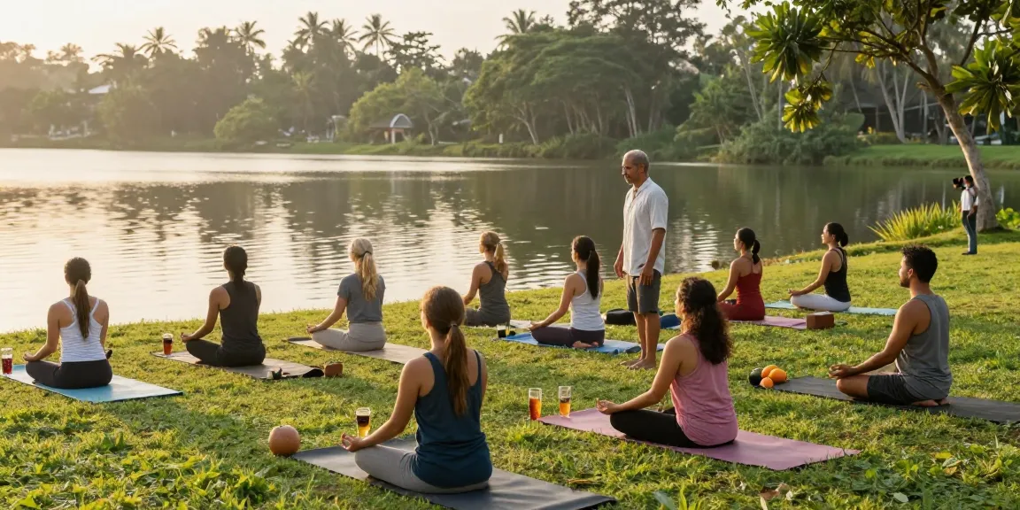 Participants immersed in yoga teacher training in Sri Lanka, practicing meditation by Koggala Lake.