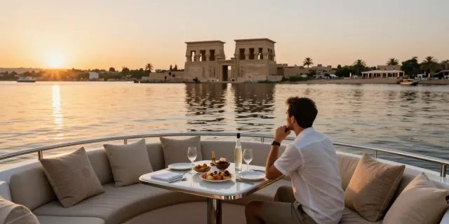 Lake Nasser Cruises on a luxury yacht at sunset with Nubian temples