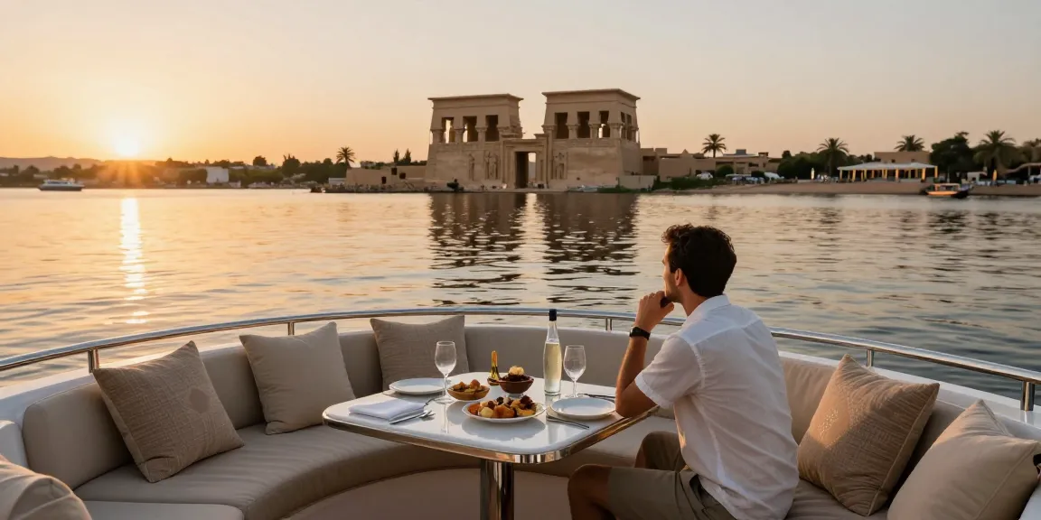 Lake Nasser Cruises on a luxury yacht at sunset with Nubian temples