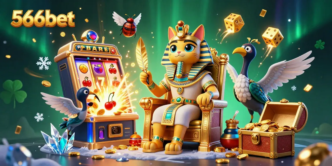 Engaging players with 566bet’s vibrant casino games, illustrated scene of Egyptian pharaoh cat.