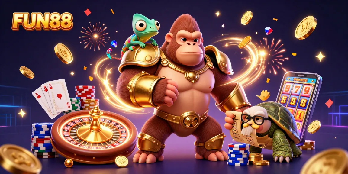 Exciting action at FUN88: a vibrant 3D casino illustration featuring a golden gorilla, clever chameleon, and sage tortoise.