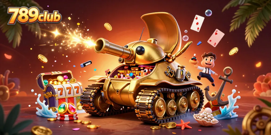 Join the fun at 789club with a vibrant 3D casino scene showcasing slot games and golden treasures.