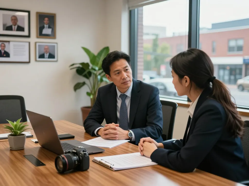 Nurturing conversation in a law office between a Virginia Personal Injury Lawyer and a relieved client, highlighting empathy and support.