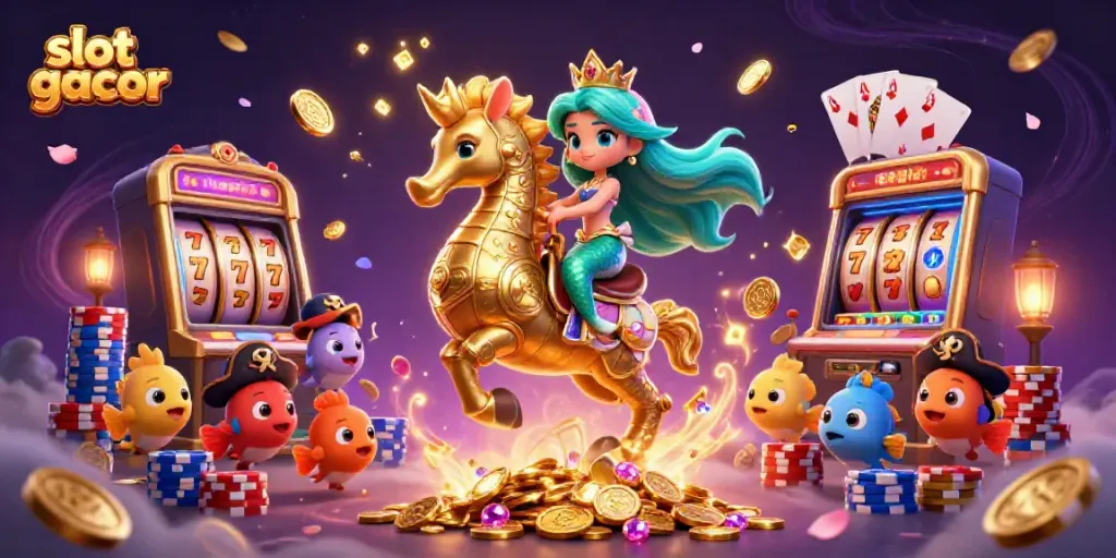 Experience thrilling slot gacor wins with a 3D mermaid riding a seahorse amidst vibrant casino elements.