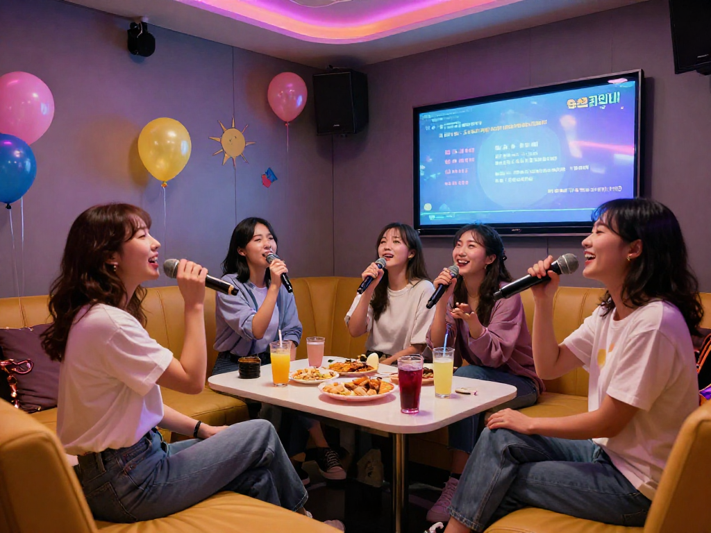 유앤미 가라오케에서 친구들과 즐거운 시간을 보내는 모습, 화려한 조명과 아늑한 분위기 속에서 생일파티에 적합한 프라이빗 룸의 특징을 보여줍니다.