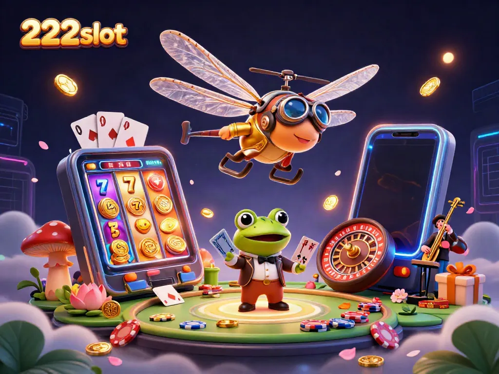 Menggambar permainan slot dengan 222slot di tengah adegan kaya warna, menampilkan karakter dan elemen menarik