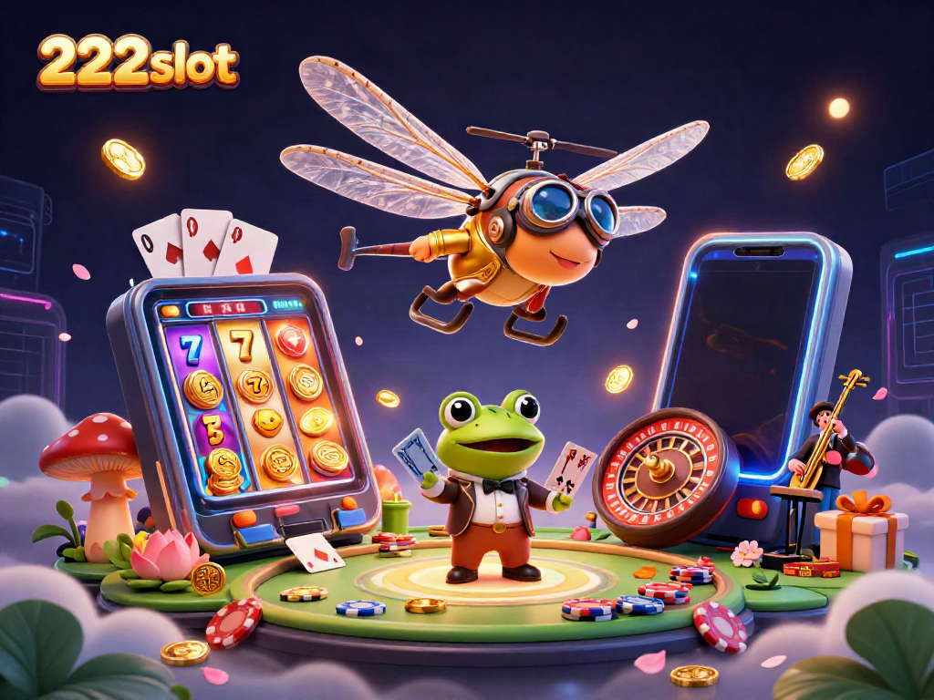 Menggambar permainan slot dengan 222slot di tengah adegan kaya warna, menampilkan karakter dan elemen menarik