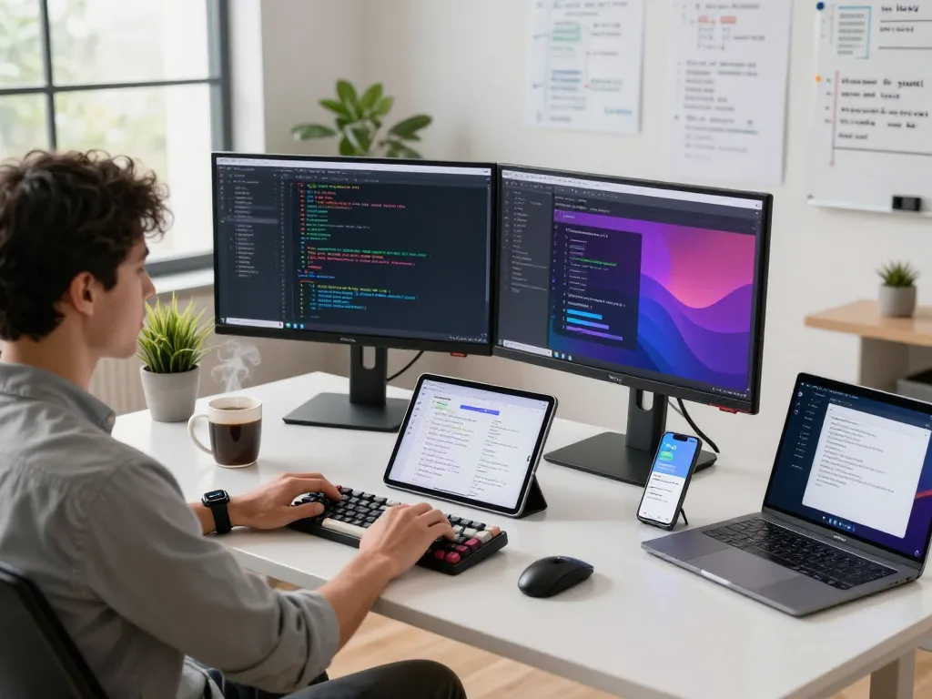 Moltbot AI software workspace with dual monitors displaying code, highlighting a productive tech environment.