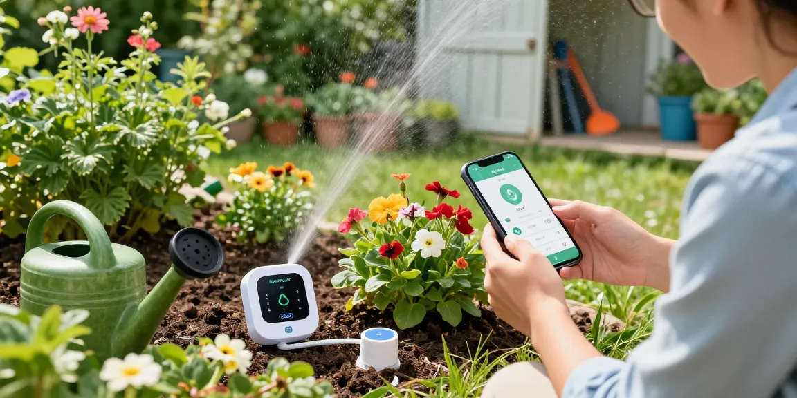 Homeowner using a rainpoint wifi water timer to monitor garden irrigation with vibrant flowers and plants.