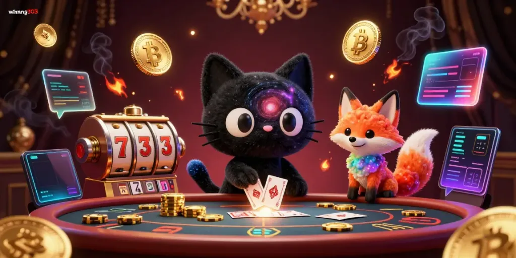 Winning303 portrays a captivating casino scene with charming characters and vibrant casino elements.