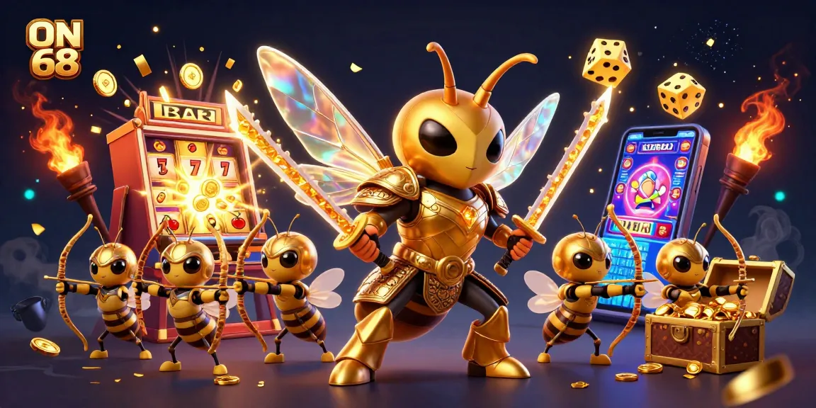 Experience ON 68's vibrant slot and casino games with golden hornet characters in an explosive jackpot scene.