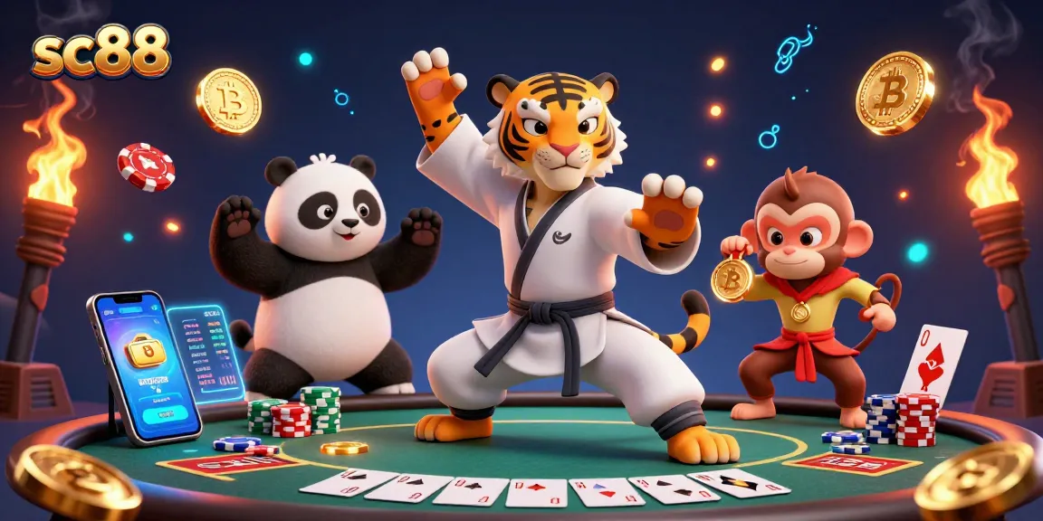 Engage in thrilling action at sc88's poker tables featuring a kung fu tiger master and energetic characters.