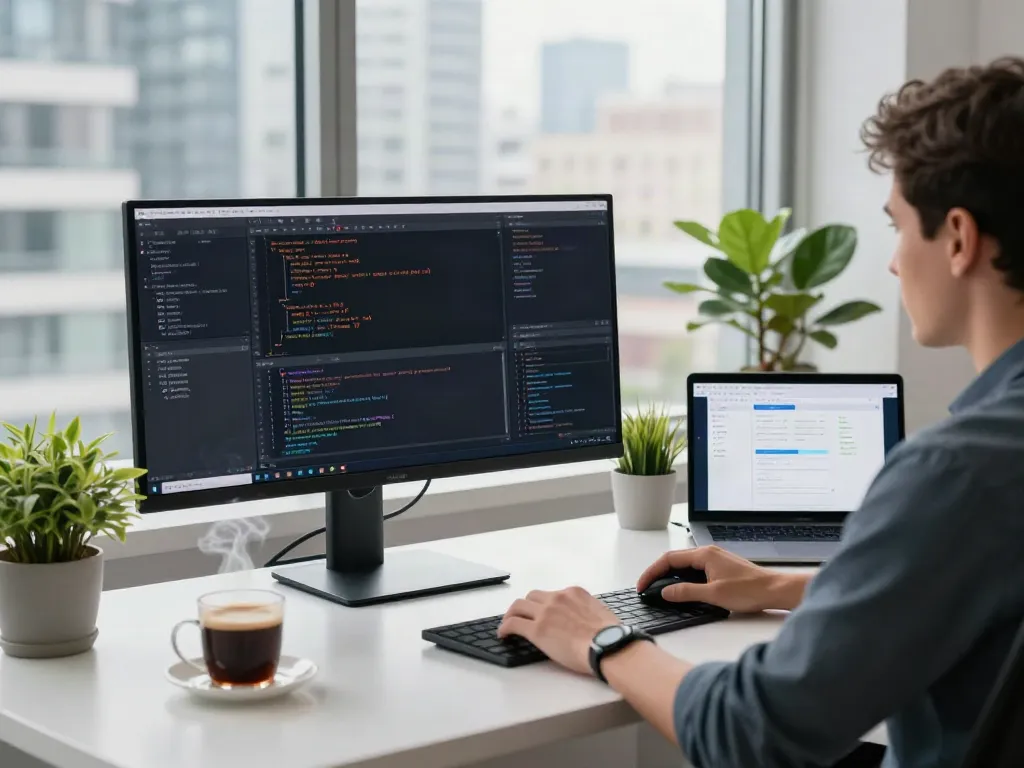 Developer using v2rayN in a modern workspace with dual monitors displaying code.