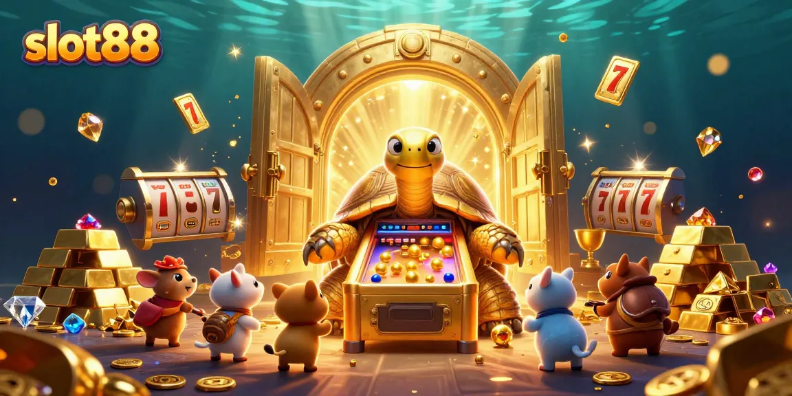 Play exciting slot88 games with the colossal golden tortoise pinball machine in a vibrant casino scene.