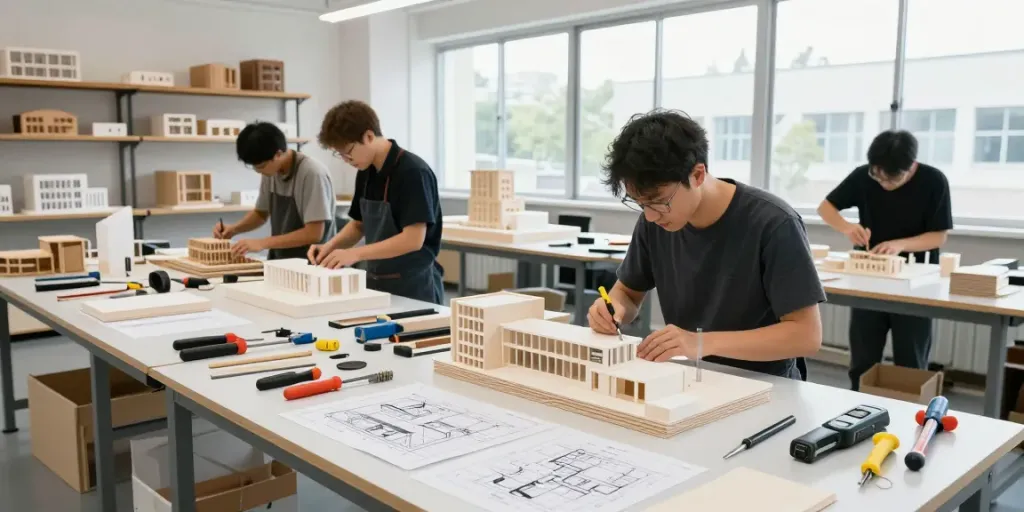 Architectural model maker France creating detailed models in a professional workshop.