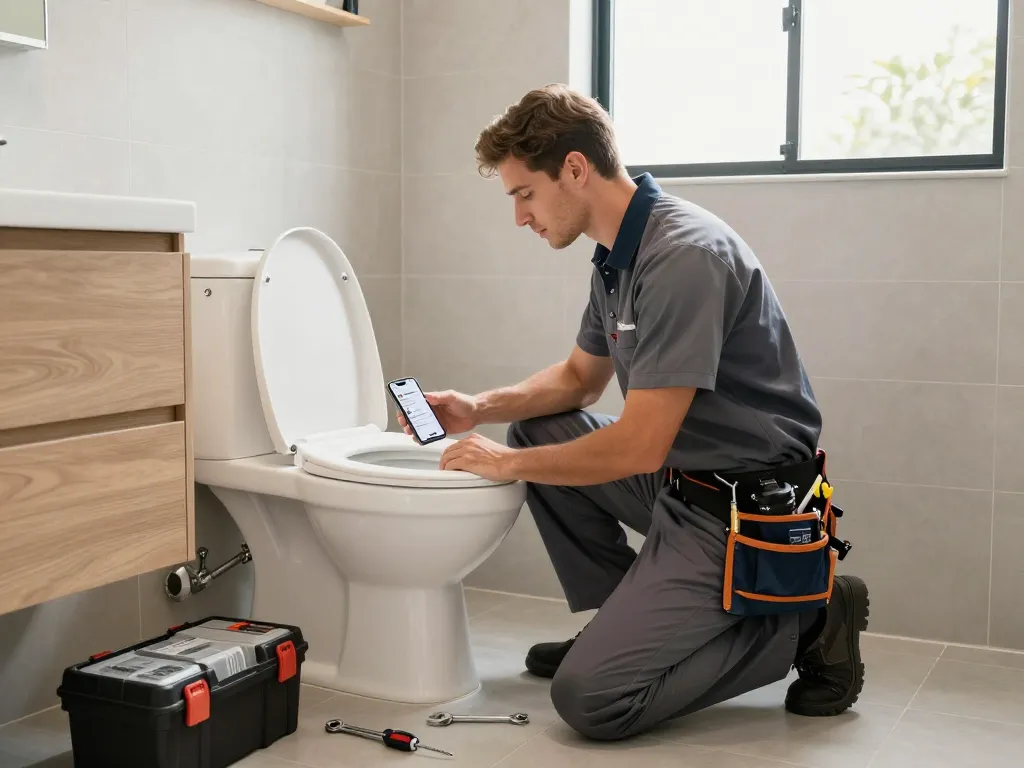 Expert plumber from Apex Plumbing Services Sydney NSW inspecting a toilet in a bright bathroom, showcasing professional plumbing tools.