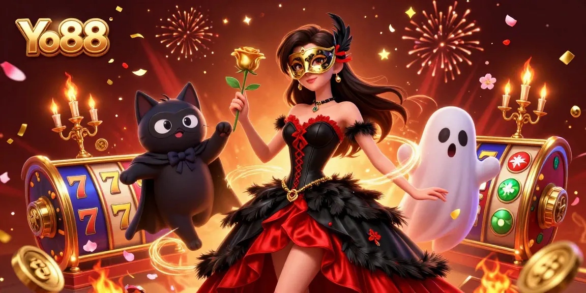 Play thrilling games at Yo88, surrounded by vibrant slot reels and enchanting characters.