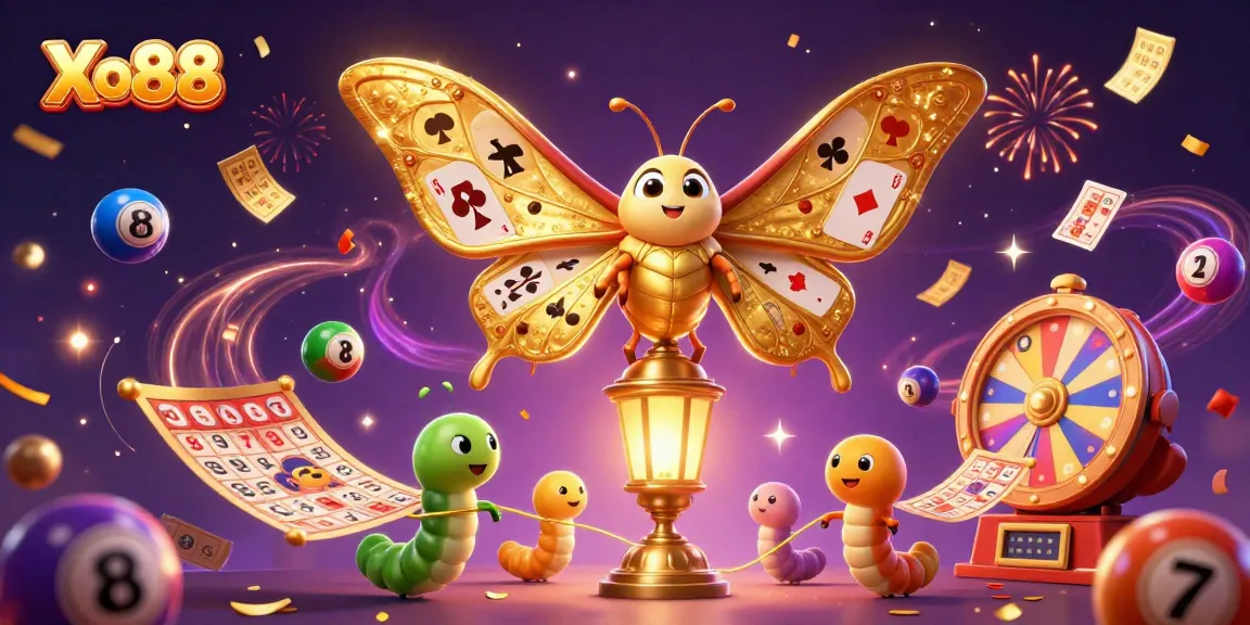 Xo88 features a vibrant illustration of online casino elements celebrating wins and opportunities.