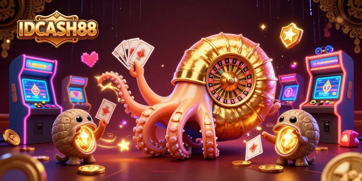 Participate in exciting gaming at IDCASH88, featuring a 3D nautilus and dynamic casino elements.